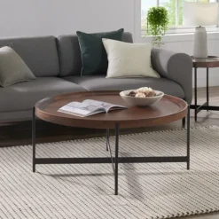 Kirkland's Home Acacia Wood Round Tray Top Coffee Table- Coffee Tables