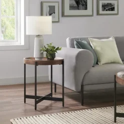 Kirkland's Home Acacia Wood Round Tray Top Side Table- Accent & End Tables