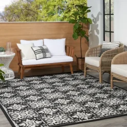Kirkland's Home Aloha Black Geometric Indoor/Outdoor Area Rug, 5X7- Outdoor Rugs