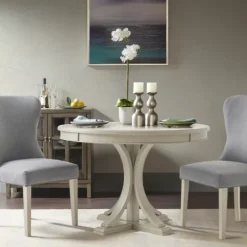 Kirkland's Home Antique Cream Wood Pedestal Round Dining Table- Dining Tables