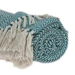 Kirkland's Home Aqua Chevron Cotton Handloomed Tassel Throw- Blankets & Throws