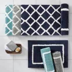 Kirkland's Home Aqua Geometric Pattern Reversible Bath Mat, 34 In- Bathroom Rugs