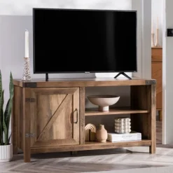 Kirkland's Home Barn Door Rustic Oak Tv Stand With Open Shelves- Tv Stands & Media Consoles