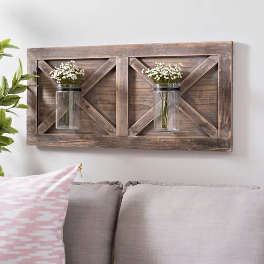 Kirkland's Home Barn Door Wall Plaque With Glass Vases- Wall Plaques
