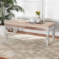 Kirkland's Home Beige Button Tufted Bench With Mirrored Base- Benches & Ottomans