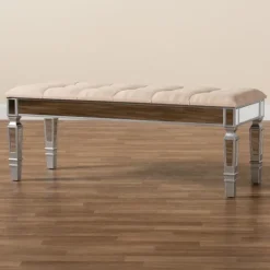 Kirkland's Home Beige Button Tufted Bench With Mirrored Base- Benches & Ottomans