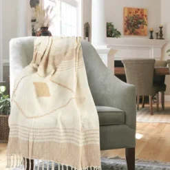 Kirkland's Home Beige Cotton Diamond Geometric Fringe Throw- Blankets & Throws
