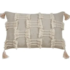 Kirkland's Home Beige Frayed Tassel Lumbar Pillow- Pillows