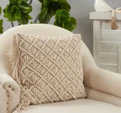 Kirkland's Home Beige Macrame Design Throw Pillow- Blankets & Throws
