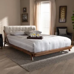 Kirkland's Home Beige Tufted And Natural Walnut Full Platform Bed- Beds & Headboards