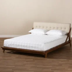 Kirkland's Home Beige Tufted And Natural Walnut Full Platform Bed- Beds & Headboards