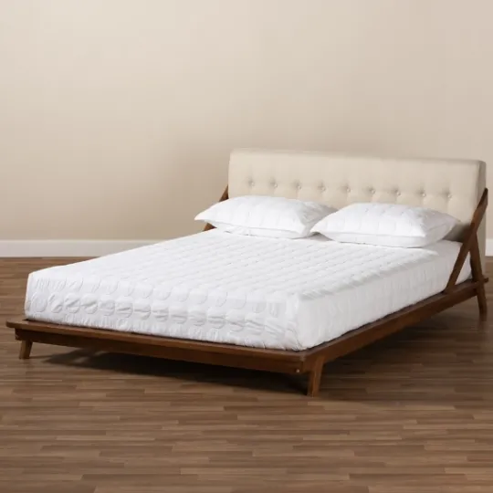 Kirkland's Home Beige Tufted And Natural Walnut Full Platform Bed- Beds & Headboards