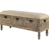 Kirkland's Home Beige Upholstered Acanthus Carved Wooden Bench- Benches & Ottomans