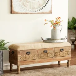 Kirkland's Home Beige Upholstered Acanthus Carved Wooden Bench- Benches & Ottomans