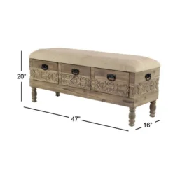 Kirkland's Home Beige Upholstered Acanthus Carved Wooden Bench- Benches & Ottomans