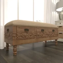 Kirkland's Home Beige Upholstered Acanthus Carved Wooden Bench- Benches & Ottomans
