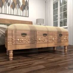 Kirkland's Home Beige Upholstered Acanthus Carved Wooden Bench- Benches & Ottomans
