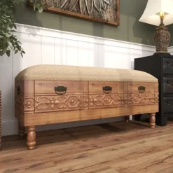 Kirkland's Home Beige Upholstered Acanthus Carved Wooden Bench- Benches & Ottomans