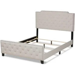 Kirkland's Home Beige Upholstered Button Tufted King Panel Bed- Beds & Headboards