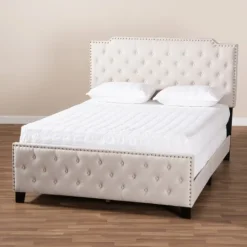 Kirkland's Home Beige Upholstered Button Tufted King Panel Bed- Beds & Headboards