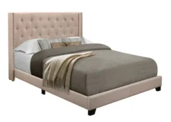 Kirkland's Home Beige Upholstered Button Tufted Wing Queen Bed- Beds & Headboards
