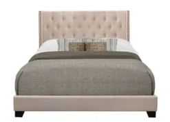 Kirkland's Home Beige Upholstered Button Tufted Wing Queen Bed- Beds & Headboards
