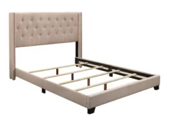Kirkland's Home Beige Upholstered Button Tufted Wing Queen Bed- Beds & Headboards