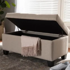 Kirkland's Home Beige Upholstered Storage Ottoman- Benches & Ottomans