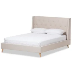 Kirkland's Home Beige Upholstered Wingback Queen Platform Bed- Beds & Headboards