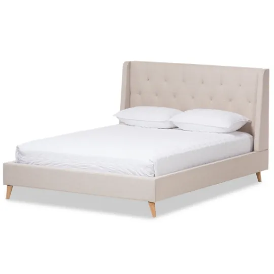 Kirkland's Home Beige Upholstered Wingback Queen Platform Bed- Beds & Headboards