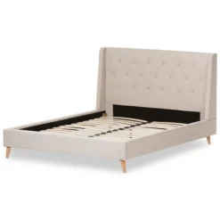 Kirkland's Home Beige Upholstered Wingback Queen Platform Bed- Beds & Headboards