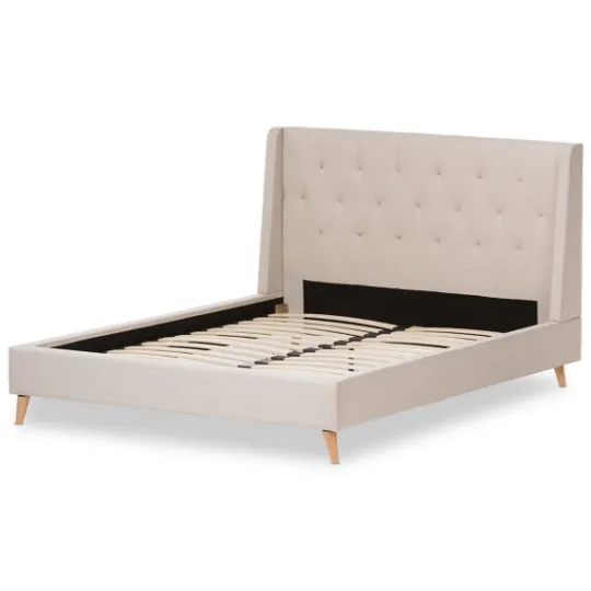 Kirkland's Home Beige Upholstered Wingback Queen Platform Bed- Beds & Headboards