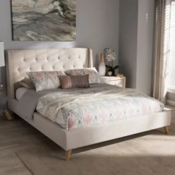 Kirkland's Home Beige Upholstered Wingback Queen Platform Bed- Beds & Headboards