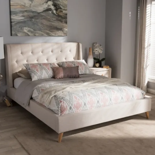 Kirkland's Home Beige Upholstered Wingback Queen Platform Bed- Beds & Headboards