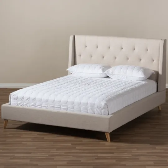 Kirkland's Home Beige Upholstered Wingback Queen Platform Bed- Beds & Headboards