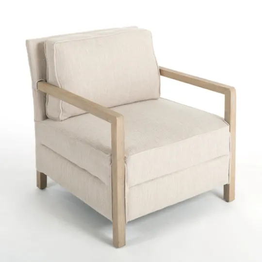 Kirkland's Home Beige Upholstered Wood Arm Accent Chair- Accent Chairs