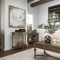 Kirkland's Home Beige Wood And Metal Half Moon Console Table- Console Tables