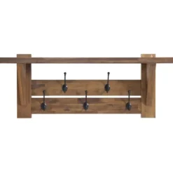 Kirkland's Home Beth Acacia Wood Wall Shelf With Hooks- Hooks
