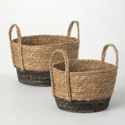 Kirkland's Home Black And Natural Rattan Woven Baskets, Set Of 2- Baskets & Boxes