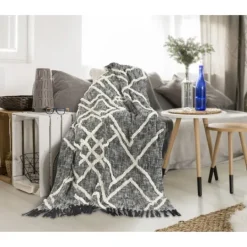 Kirkland's Home Black And White Cotton Geometric Tufted Throw- Blankets & Throws