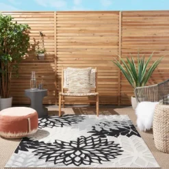 Kirkland's Home Black And White Floral Outdoor Area Rug, 5X7- Outdoor Rugs