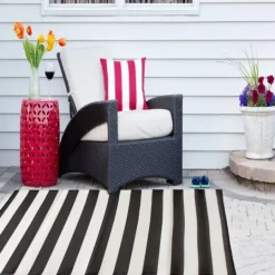 Kirkland's Home Black And White Rugby Stripe Outdoor Area Rug, 5X8- Outdoor Rugs