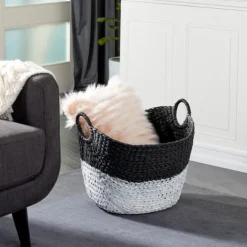 Kirkland's Home Black And White Seagrass Ring Handle Basket- Baskets & Boxes