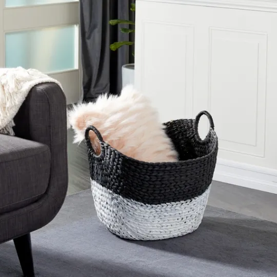 Kirkland's Home Black And White Seagrass Ring Handle Basket- Baskets & Boxes