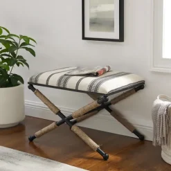 Kirkland's Home Black And White Striped Upholstered Ottoman- Benches & Ottomans