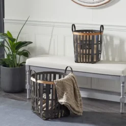 Kirkland's Home Black Bamboo Metal Woven Baskets, Set Of 2- Baskets & Boxes