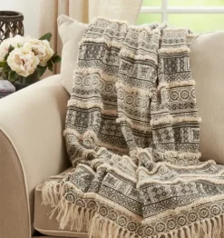 Kirkland's Home Black Beige Block Print Throw Blanket- Blankets & Throws
