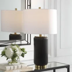 Kirkland's Home Black Ceramic Ribbed Table Lamp- Table Lamps