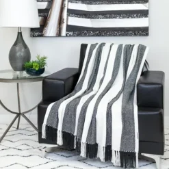 Kirkland's Home Black Chalet Striped Fringe Throw- Blankets & Throws