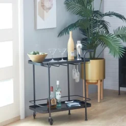 Kirkland's Home Black Iron And Glass Top Bar Cart- Kitchen Islands & Bar Carts